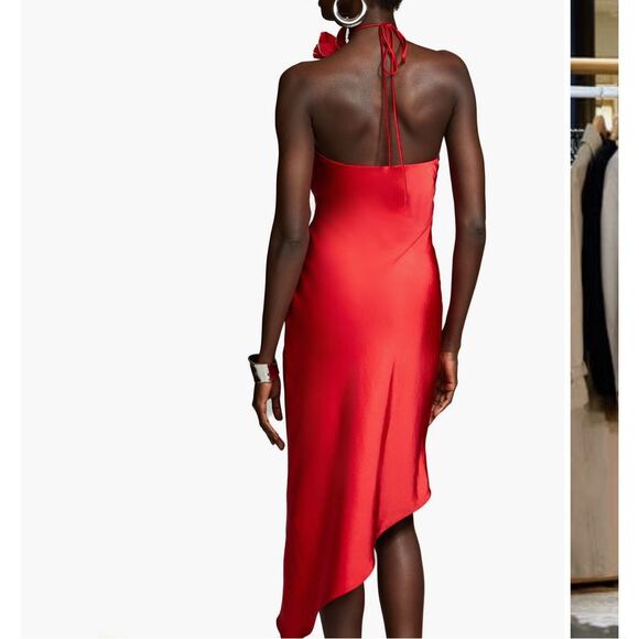 Halston Joellen Floral Detail Asymmetric Crushed Satin Halter Dress size 4 NWT - Picture 2 of 8